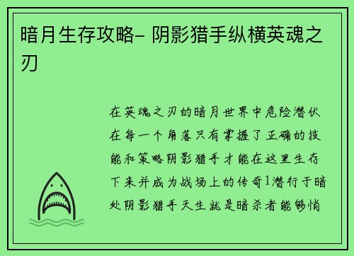 暗月生存攻略- 阴影猎手纵横英魂之刃